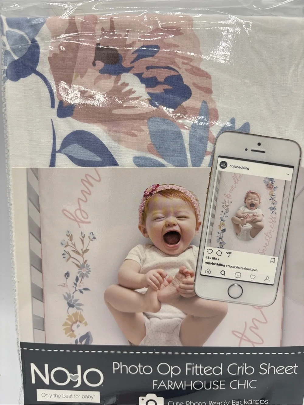 NoJo Farmhouse Chic Photo Op Fitted Crib Sheet - Blush & Blue Floral 100% Cotton